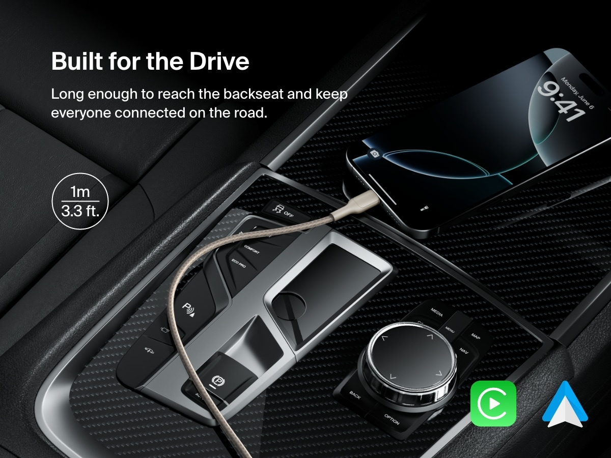 Belkin BoostCharge Pro Braided USB-C to USB-C Cable 60W in 1m (3.3ft) length shown powering a smartphone in a car, ideal for backseat reach and seamless Android Auto or Apple CarPlay connectivity.