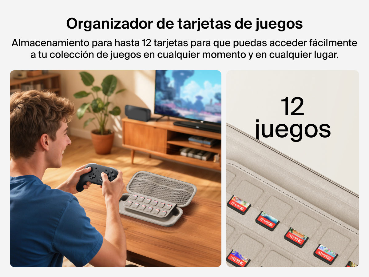 Man gaming with a controller beside the Belkin Gaming Travel Case for Nintendo Switch 2, which features a built-in sleeve that holds up to 12 game cards for easy access.