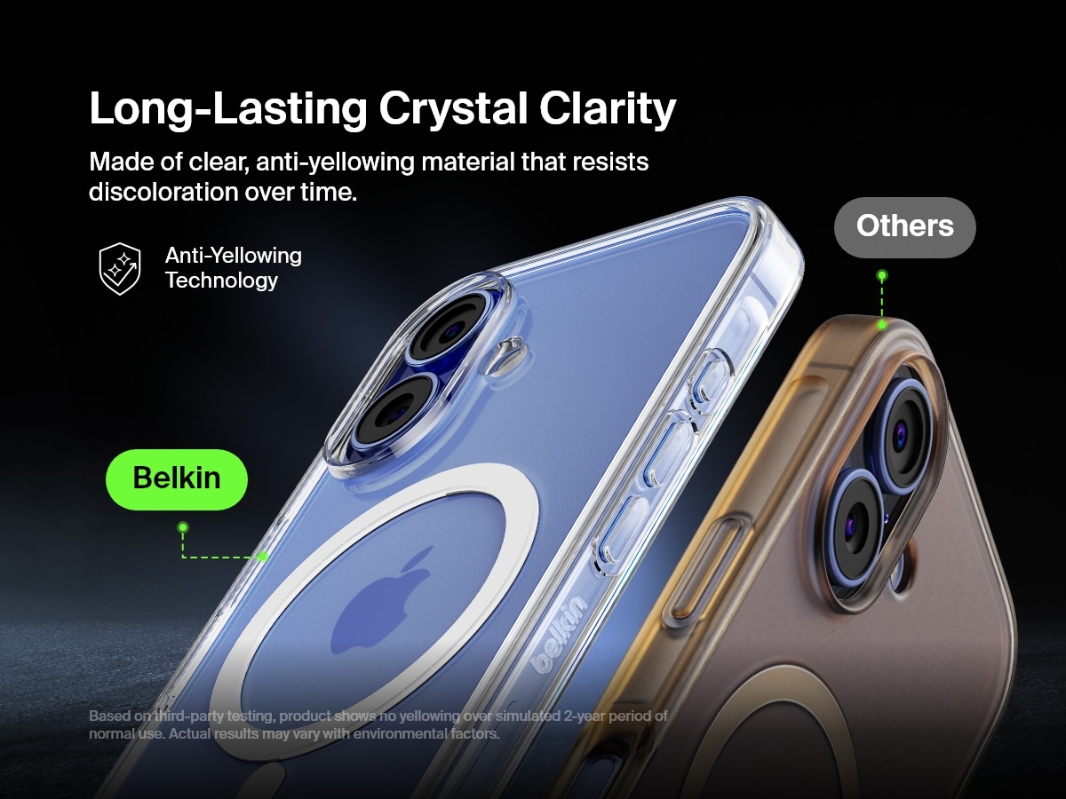 A comparison image showcasing the anti-yellowing technology of the Belkin SheerForce&trade; Magnetic iPhone Case. The Belkin case remains crystal clear over time, while a competing case appears yellowed. The text highlights the long-lasting clarity and resistance to discoloration, ensuring the case maintains its sleek, transparent design even after extended use.