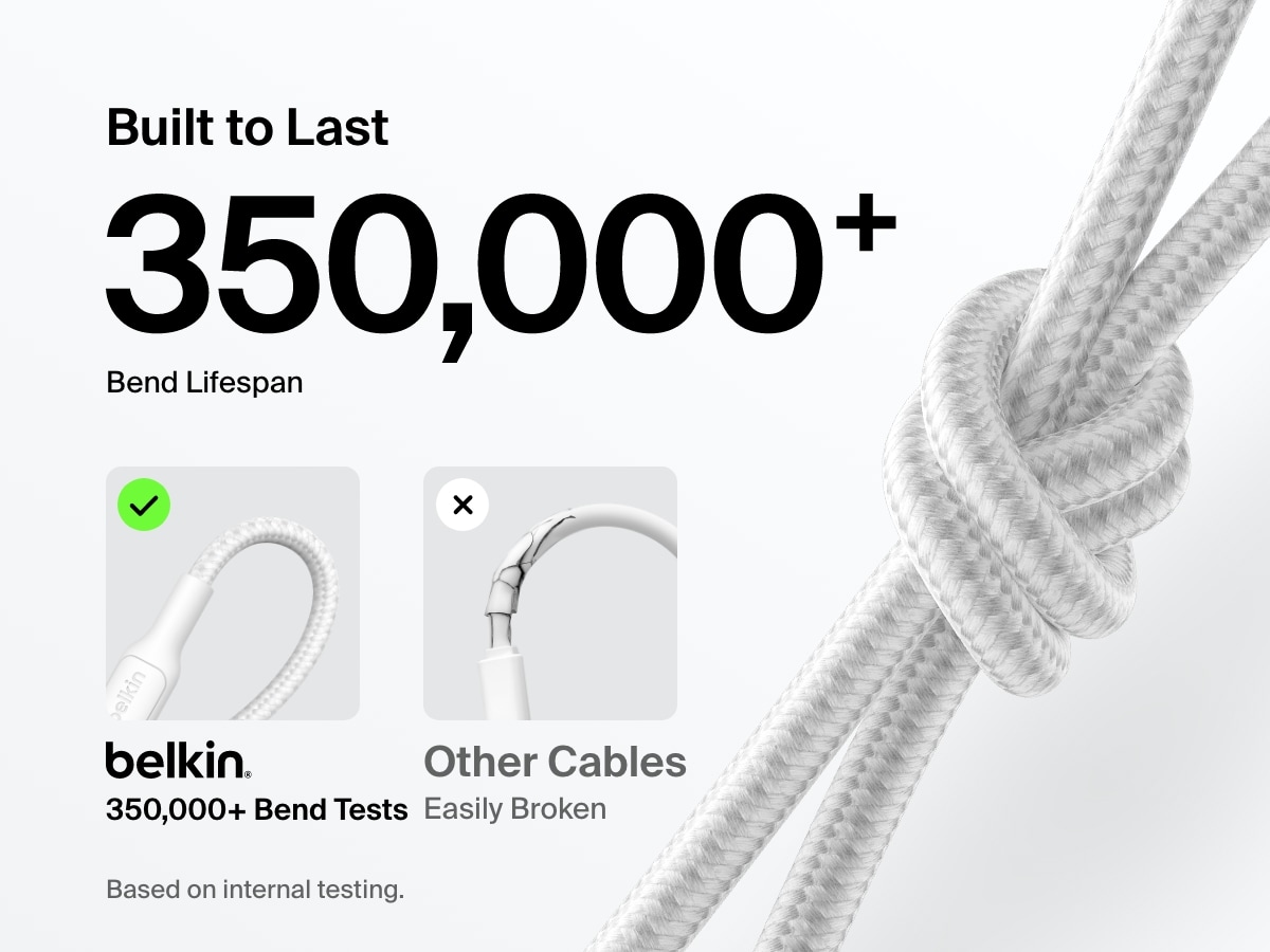 Close-up of the Belkin BoostCharge Pro USB-C to USB-C Braided Cable 240W tied in a knot, highlighting its 350,000+ bend lifespan and durability compared to standard cables.