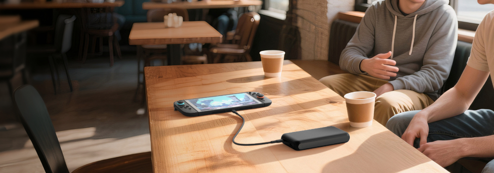Two people sitting at a wooden table in a cozy café, with coffee cups in front of them and a handheld gaming console placed on the table. The console is connected to a sleek Belkin portable power bank, indicating on-the-go charging. Sunlight streams through the windows, creating a warm and relaxed atmosphere.