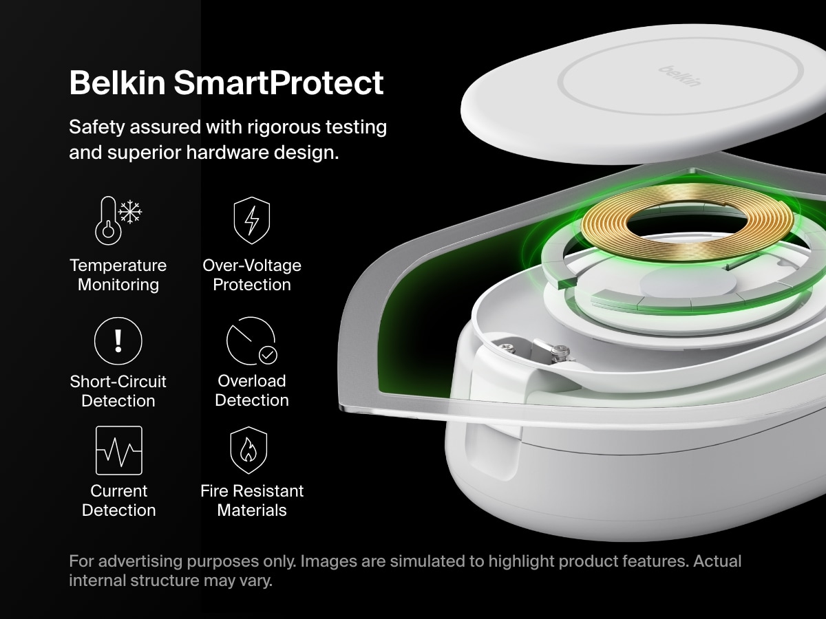 Belkin BoostCharge 2-in-1 Convertible Magnetic Charging Stand with Qi2 15W features SmartProtect safety with temperature monitoring, over-voltage protection, and fire-resistant materials.