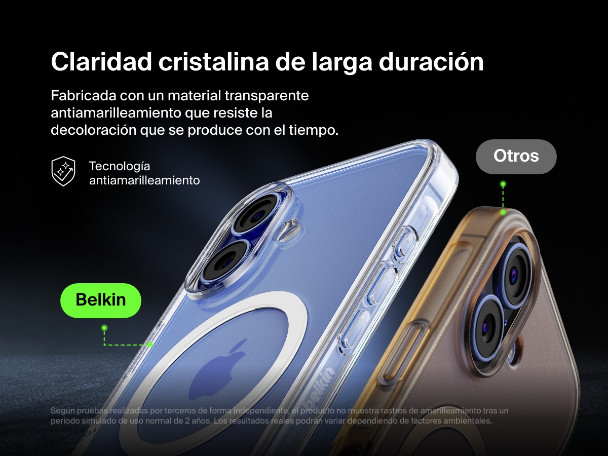 A comparison image showcasing the anti-yellowing technology of the Belkin SheerForce&trade; Magnetic iPhone Case. The Belkin case remains crystal clear over time, while a competing case appears yellowed. The text highlights the long-lasting clarity and resistance to discoloration, ensuring the case maintains its sleek, transparent design even after extended use.