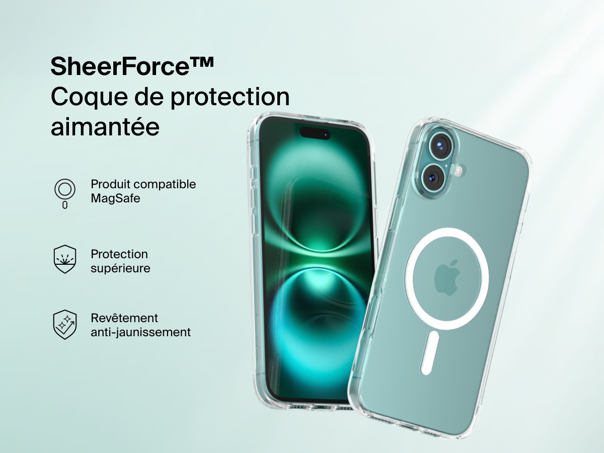 A promotional image of the SheerForce&trade; Magnetic iPhone Case, featuring a clear, MagSafe-compatible design. The case offers anti-yellowing technology and superior protection while maintaining the sleek look of the iPhone. The image highlights key features with icons, including MagSafe compatibility, durability, and long-lasting clarity.
