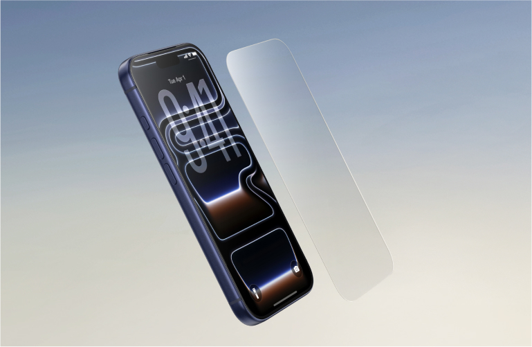 Smartphone with a screen protector hovering in front, illustrating installation of Belkin screen protection accessory.