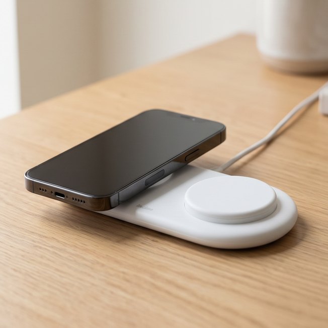 An iPhone lying on a white Belkin 2-in-1 magnetic charging pad on a light wood desk, next to a small succulent