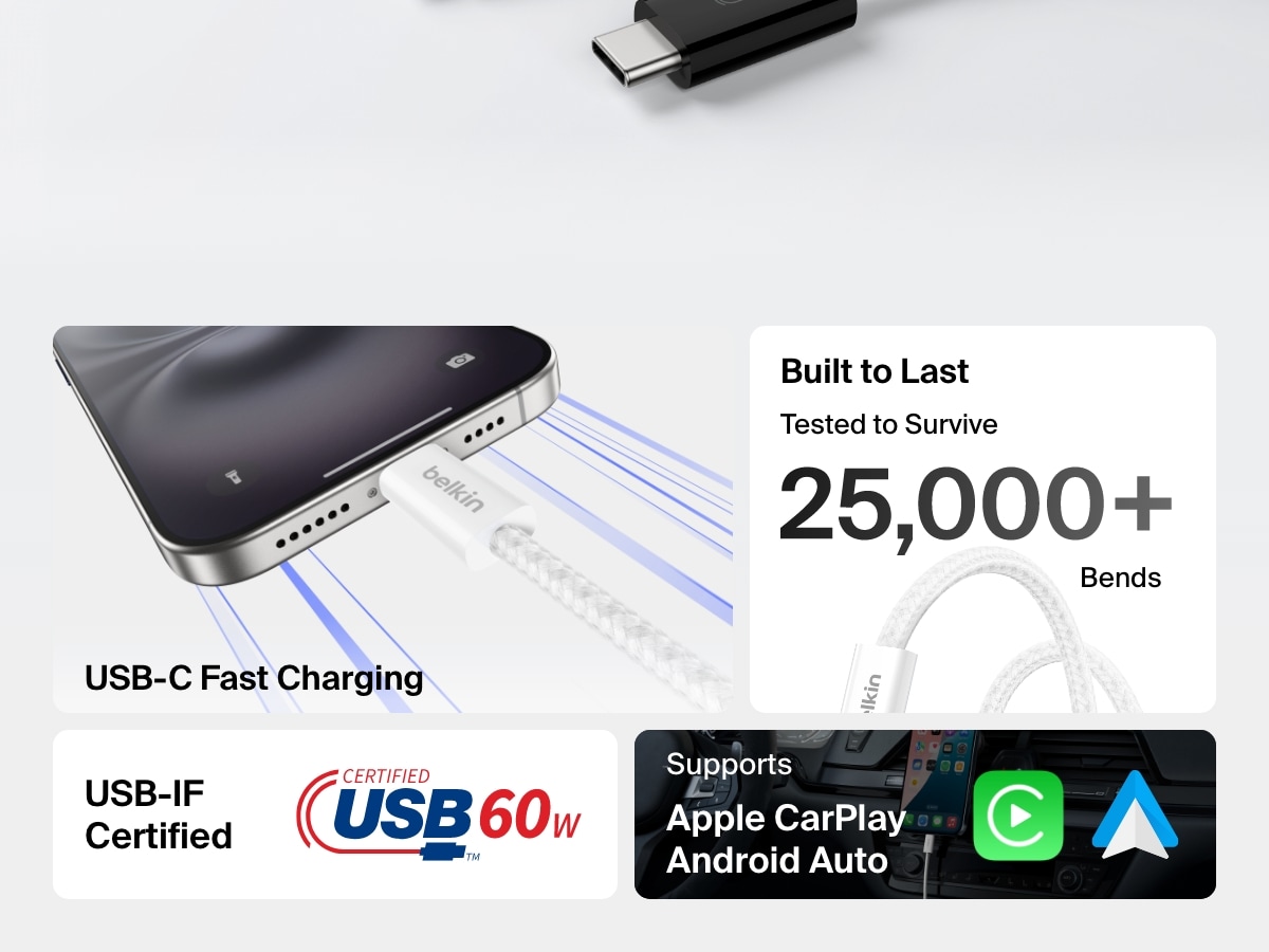 Infographic showcasing the Belkin BoostCharge USB-C to USB-C Cable 60W with features including USB-IF certification, 25,000+ bend durability, fast charging, and compatibility with Apple CarPlay and Android Auto.