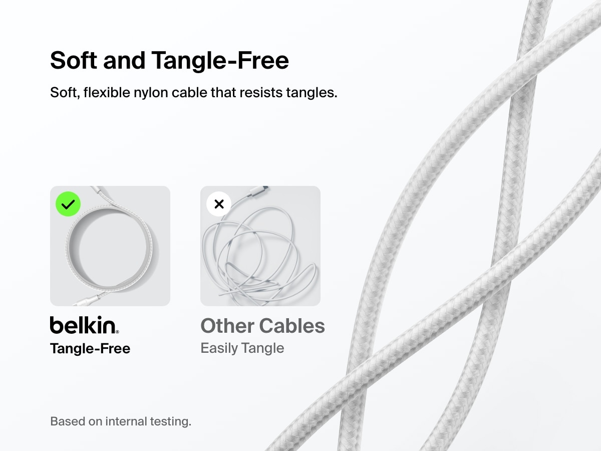 Belkin BoostCharge Pro USB-C to USB-C Braided Cable 240W shown with soft, flexible nylon design that resists tangling compared to standard cables.