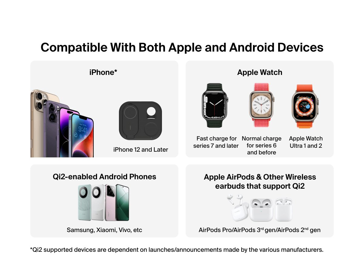 Belkin BoostCharge Pro 3-in-1 Magnetic Foldable Wireless Charger with Qi2 15W is compatible with iPhone 12 and later, Qi2-enabled Android phones, Apple Watch models, and AirPods or wireless earbuds that support Qi2.