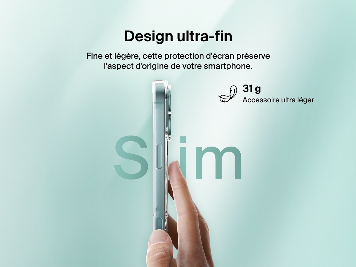 A promotional image showcasing the ultra-thin design of the SheerForce&trade; Magnetic iPhone Case. A hand holds the slim, lightweight case, emphasizing its minimalist form factor that maintains the phone&rsquo;s natural look and feel. The text highlights the 31g ultra-light weight, ensuring a comfortable and sleek user experience.
