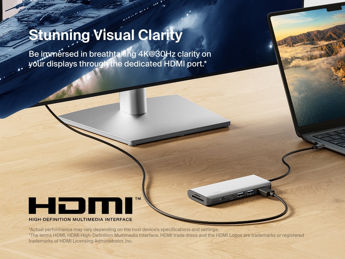 Image showing the Belkin Connect USB-C 7-in-1 Multiport Hub connected between a laptop and external monitor, emphasizing support for 4K@60Hz visual clarity via the dedicated HDMI port.