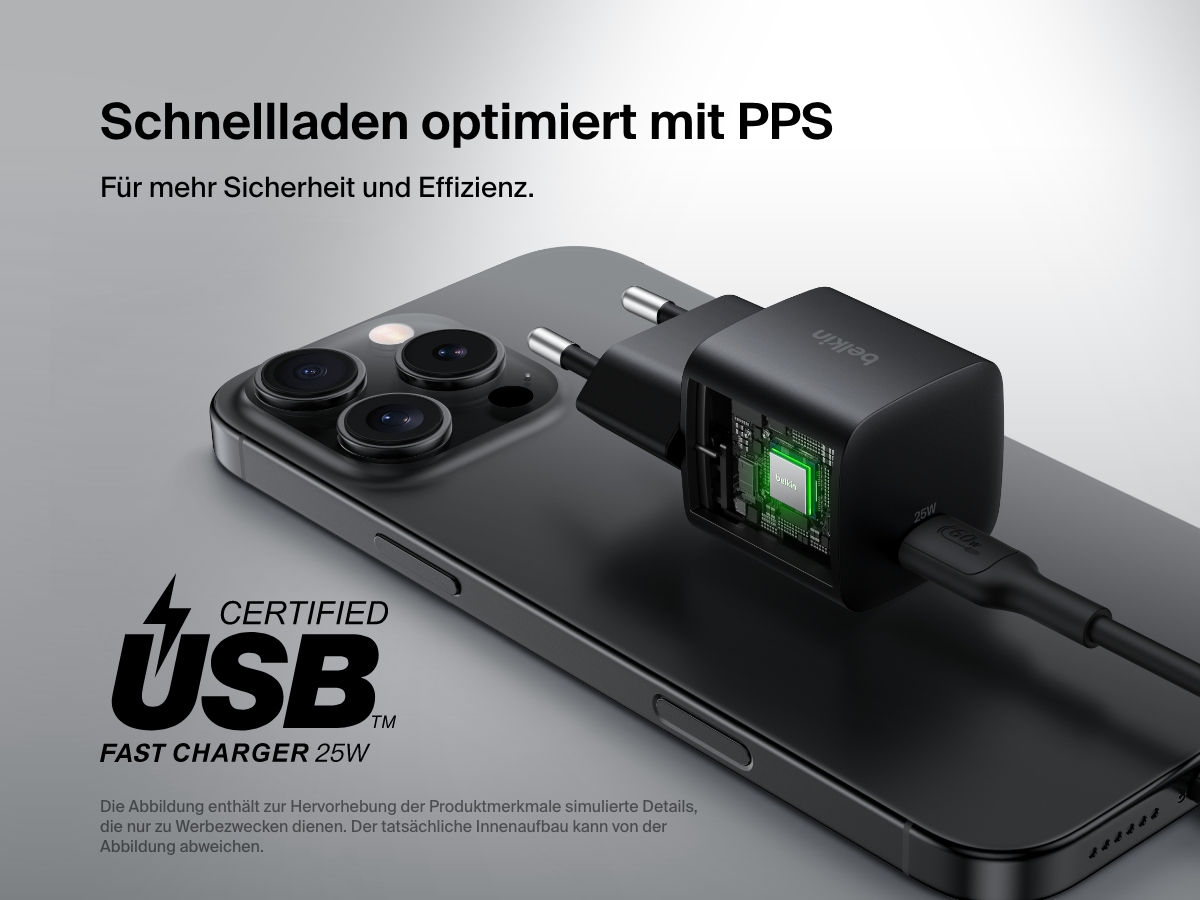 Belkin BoostCharge USB-C Wall Charger 25W shown with a visual cutaway highlighting PPS optimized fast charging for enhanced safety and efficiency.