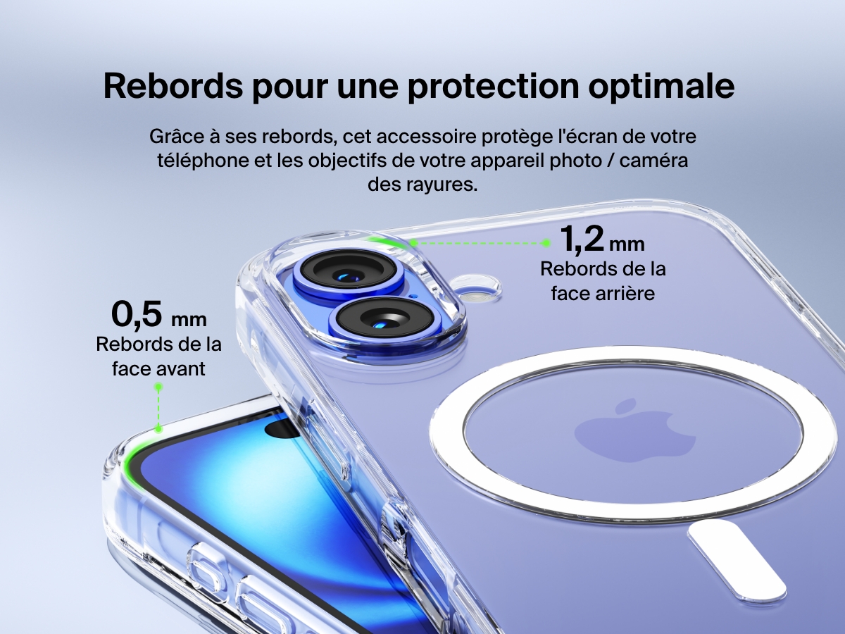 A close-up view of the SheerForce&trade; Magnetic iPhone Case, highlighting its raised edges for enhanced protection. The image showcases a 1.2mm camera raised edge and a 0.5mm front raised edge, designed to safeguard the screen and camera lenses from scratches and impacts. The transparent case maintains a sleek look while providing reliable protection.