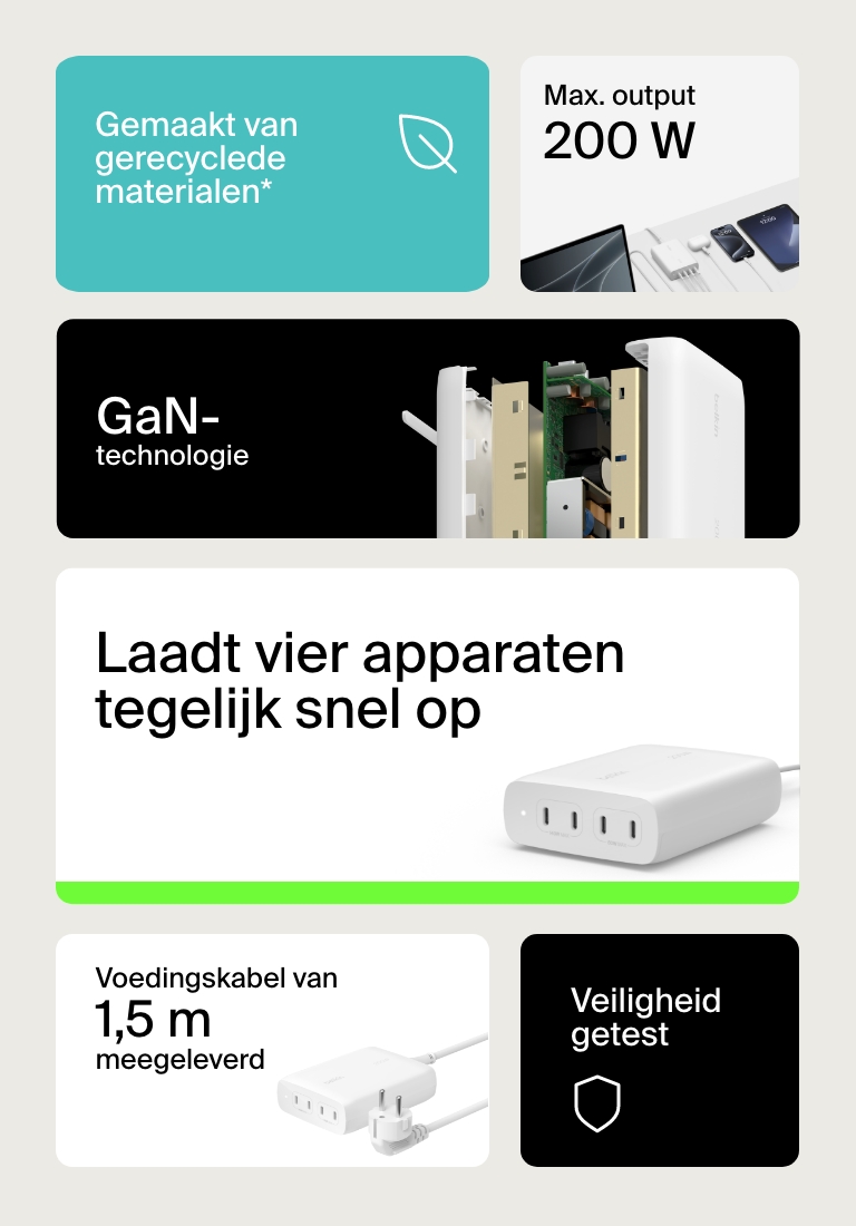 Laadt vier apparaten tegelijk snel op.