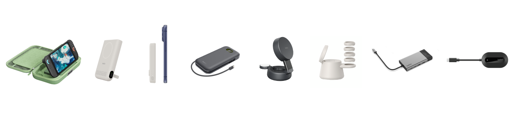 A horizontal lineup of Belkin tech accessories, including a handheld gaming case, wireless power banks, a smartphone stand, charging docks, USB-C hubs, and adapters on a white background.