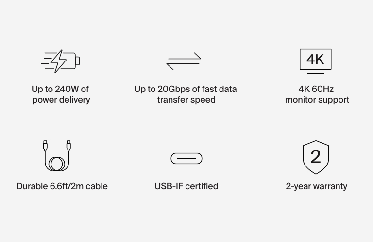 Belkin Connect USB4 連接線 (6.6 英尺/2 公尺電源線)，整合 240W Power Delivery 技術 + 20 Gbps 傳輸速度的 USB-C 轉 USB-C 線纜 - USB4 相容電源線，相容於 MacBook、Windows 和 Chromebook 等多種裝置