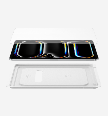 un iPad, un protector de pantalla de vidrio templado para iPad y una bandeja Easy Align apilados uno encima del otro.