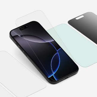 The image displays a black iPhone lying at an angle, with a blue and black gradient wallpaper on its screen. Surrounding the phone are multiple screen protectors, shown floating in layers to illustrate different types. These include a clear screen protector, a privacy glass protector, and possibly a tempered glass protector, each slightly transparent and positioned to showcase their fit on the device. The phone features rounded edges and a pill-shaped camera cutout at the top of the screen.