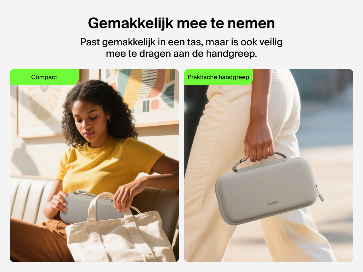 Belkin Gaming Travel Case for Nintendo Switch 2 shown being packed into a tote and carried by its handle, highlighting its portable size and easy-grip convenience for travel.