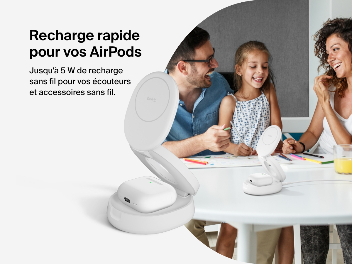 Belkin BoostCharge 2-in-1 Convertible Magnetic Charging Stand with Qi2 15W wirelessly charges AirPods with up to 5W of power, shown in use on a family table.