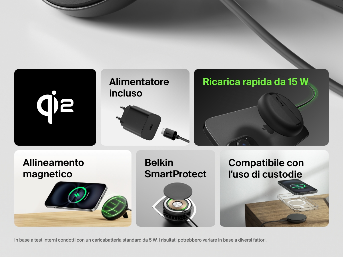 Panoramica di un tappetino di ricarica wireless magnetica con Qi2 da 15 W BoostCharge Pro Belkin di colore nero con certificazione Qi2, alimentatore incluso, ricarica rapida da 15 W, allineamento magnetico, sicurezza Belkin SmartProtect e compatibilit&agrave; con l'uso delle custodie.