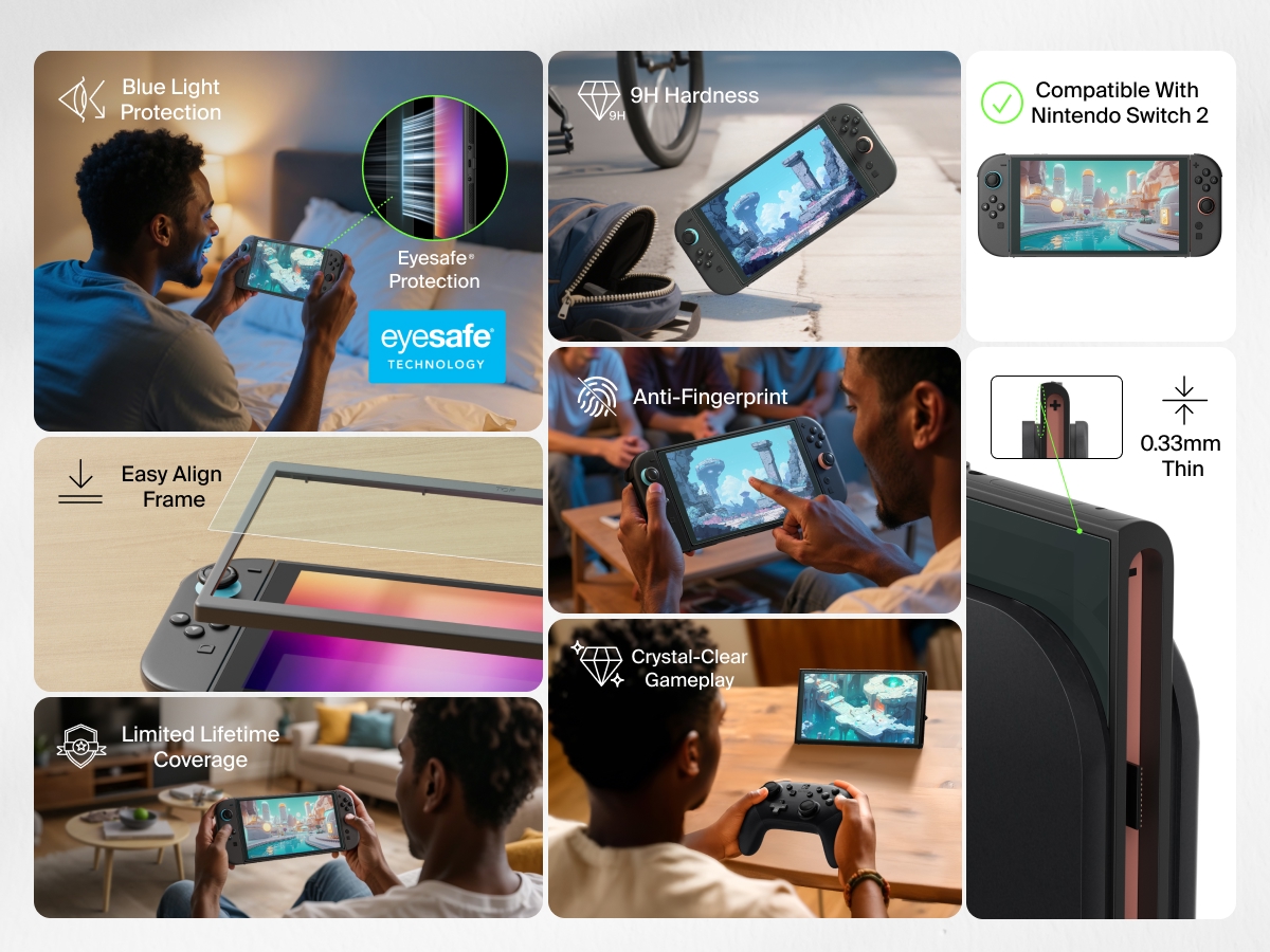 BelkinのNintendo Switch 2用ブルーライトカット保護フィルムの特長を紹介するコラージュ画像。Eyesafe&reg;テクノロジーによるブルーライトカット、0.33mmの薄型デザイン、Switch 2との互換性、指紋防止機能などが強調されています。また、正確なに貼り付けられるEasy Alignフレーム、9Hの画面硬度、鮮明なゲームプレイ映像、条件付き永久保証もその他のメリットとして示されています。様々な場面でゲームをプレイする人々を描写した画像で、鮮明さや耐久性、目に優しいことを強調しています。