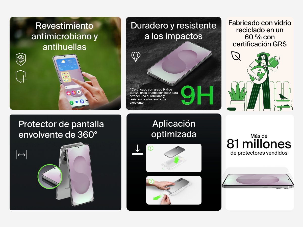 caracter&iacute;sticas principales del protector de pantalla ScreenForce InvisiGlass con revestimiento, incluyendo el tratamiento antihuellas y antimicrobiano, el grado 9 H de resistencia a los impactos, el 60 % de material de vidrio reciclado con certificaci&oacute;n GRS utilizado, la cobertura de 360&deg; , la sencilla instalaci&oacute;n en pocos pasos y una observaci&oacute;n sobre los m&aacute;s de 81 millones de protectores de pantalla vendidos hasta la fecha.