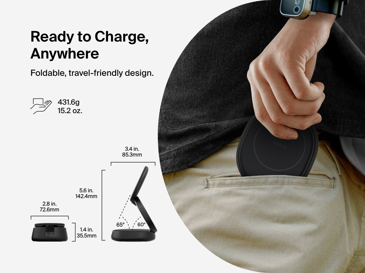 Belkin BoostCharge 2-in-1 Convertible Magnetic Charging Stand with Qi2 15W features a foldable, travel-friendly design that fits easily into a pocket for portable charging.