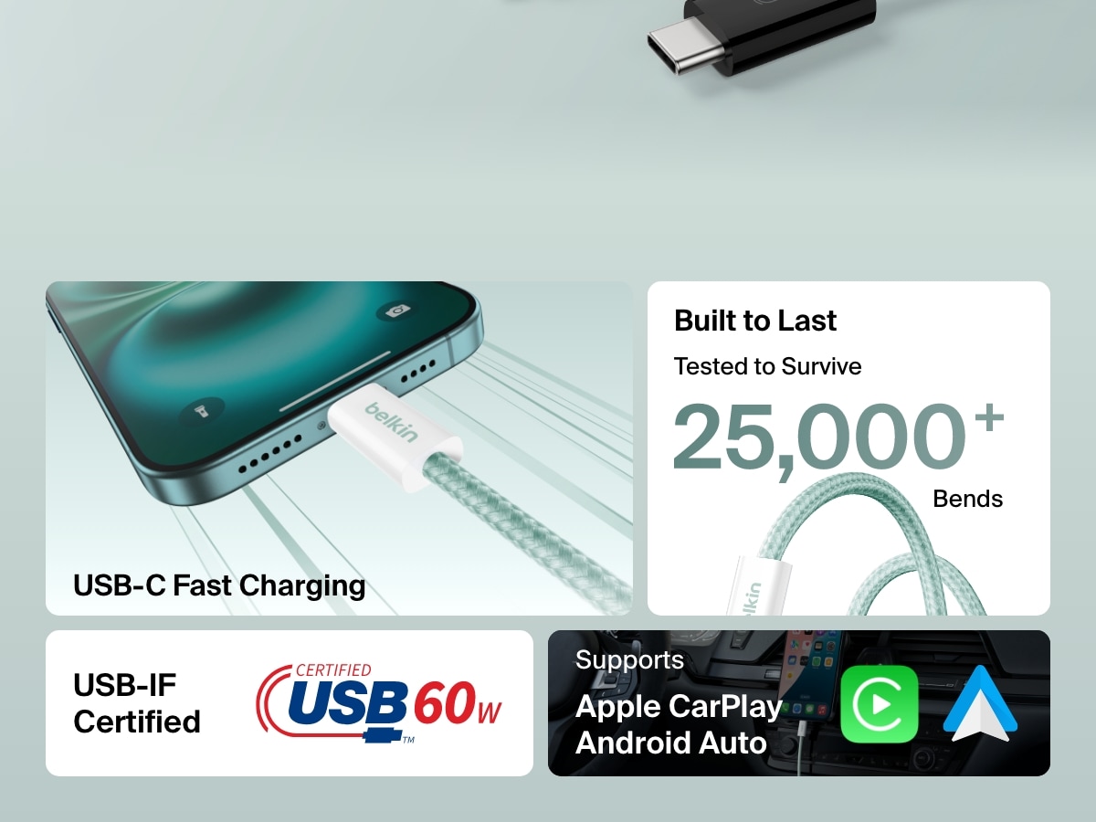 Infographic showcasing the Belkin BoostCharge USB-C to USB-C Cable 60W with features including USB-IF certification, 25,000+ bend durability, fast charging, and compatibility with Apple CarPlay and Android Auto.