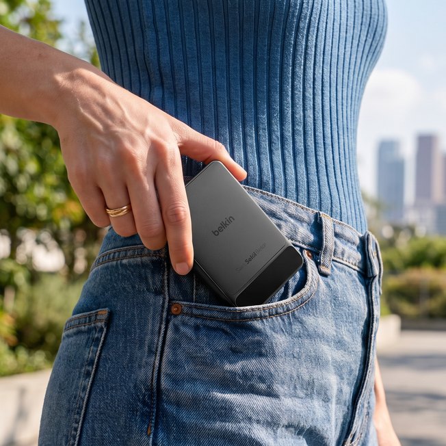 A hand slipping a slim black Belkin power bank into the front pocket of a pair of jeans, with a city skyline out of focus behind