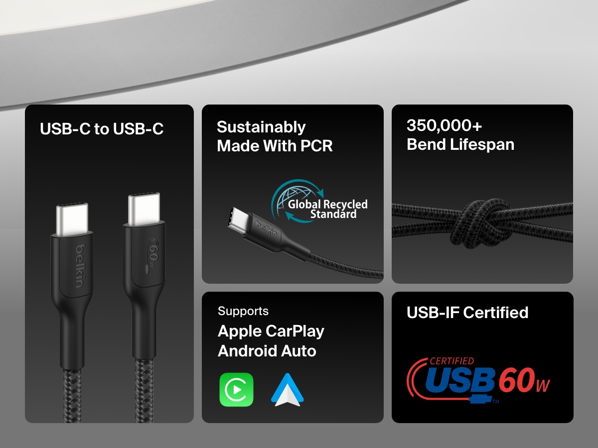 Belkin BoostCharge Pro Braided USB-C to USB-C Cable 60W features a durable design with 350,000+ bend lifespan, USB-IF certification, PCR materials, and support for Apple CarPlay and Android Auto.