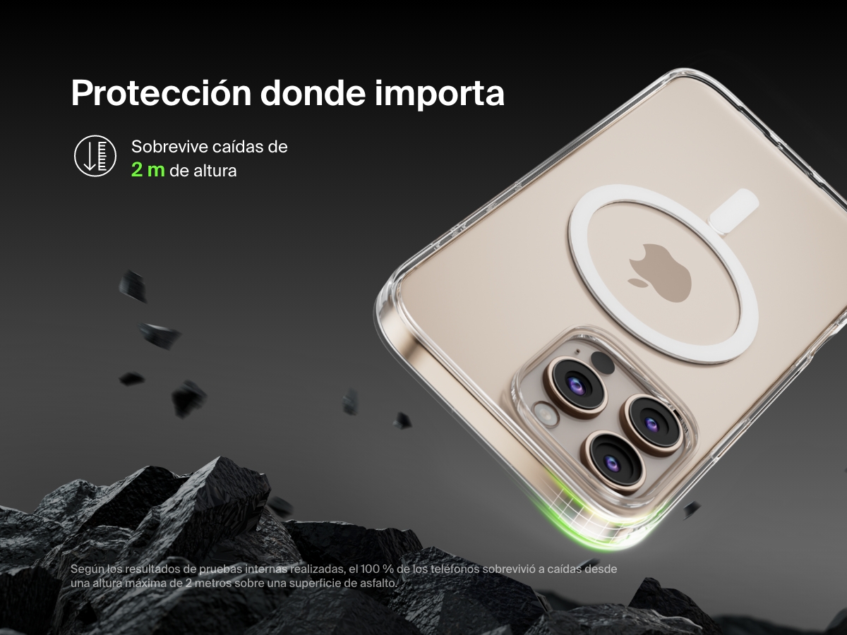 A SheerForce&trade; Magnetic iPhone Case falling onto a rocky surface, emphasizing its 2-meter drop protection. The text highlights the case's durability and ability to withstand drops from up to 2 meters, based on internal drop tests on concrete. The image conveys a rugged, protective design, ensuring enhanced impact resistance for your iPhone.