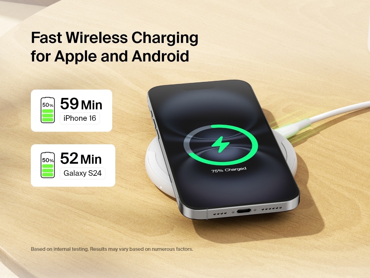 A white Belkin BoostCharge Wireless Charging Pad 15W is shown on a wooden surface charging an iPhone, with text highlighting fast wireless charging times of 59 minutes for iPhone 16 and 52 minutes for Galaxy S24 to reach 50% battery.