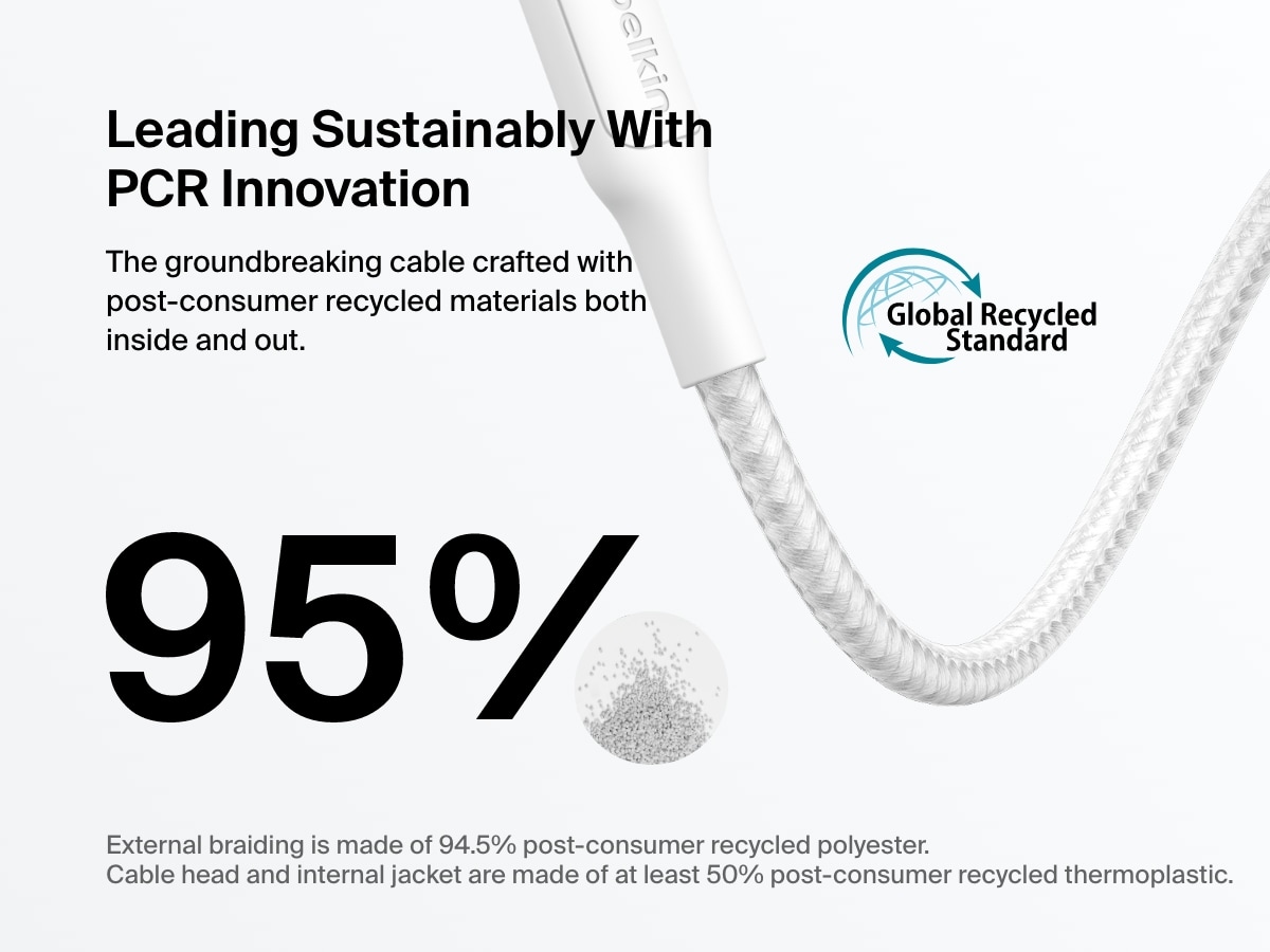 Belkin BoostCharge Pro USB-C to USB-C Braided Cable 240W shown with sustainability callouts highlighting 95% recycled materials and Global Recycled Standard certification.