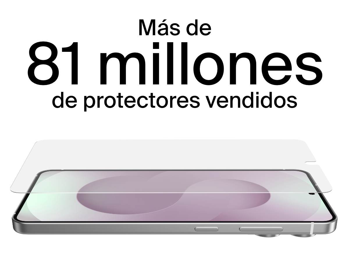 Imagen mostrando un m&oacute;vil Samsung Galaxy S25 Edge en el que se est&aacute; instalando un protector de pantalla. Tambi&eacute;n se mencionan los m&aacute;s de 81 millones de protectores vendidos hasta ahora.