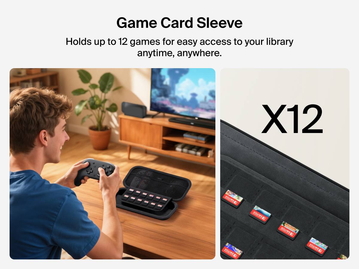 Man gaming with a controller beside the Belkin Gaming Travel Case for Nintendo Switch 2, which features a built-in sleeve that holds up to 12 game cards for easy access.