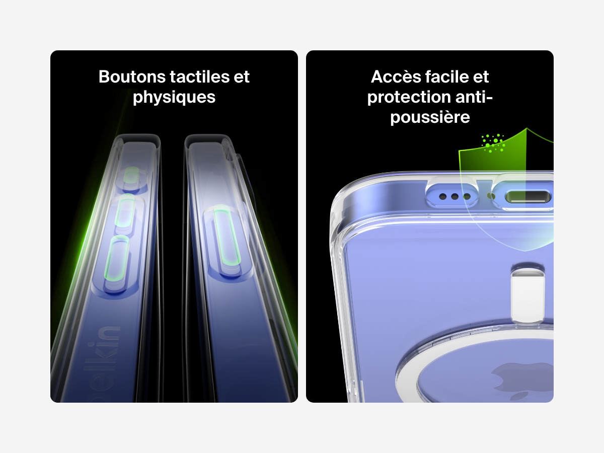 A dual-image showcase of the SheerForce&trade; Magnetic iPhone Case&rsquo;s tactile, clickable buttons and dust-proof protection. The left image highlights the precisely designed buttons that offer a responsive and comfortable press. The right image focuses on the dust-resistant port cutouts, ensuring easy access while protecting against dirt and debris buildup.