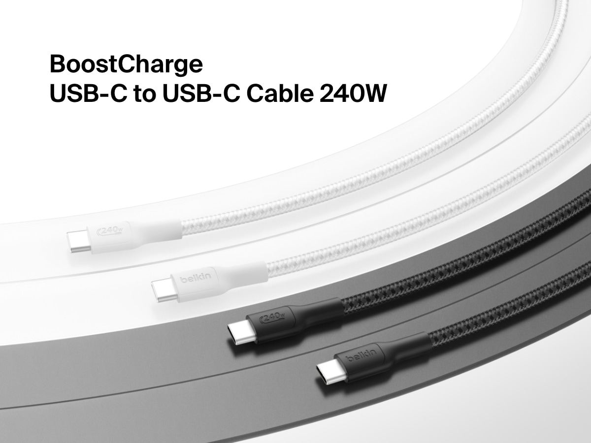 Flat lay of two black and two white Belkin BoostCharge Pro USB-C to USB-C Braided Cables 240W coiled on a gradient background with product name displayed in black text.