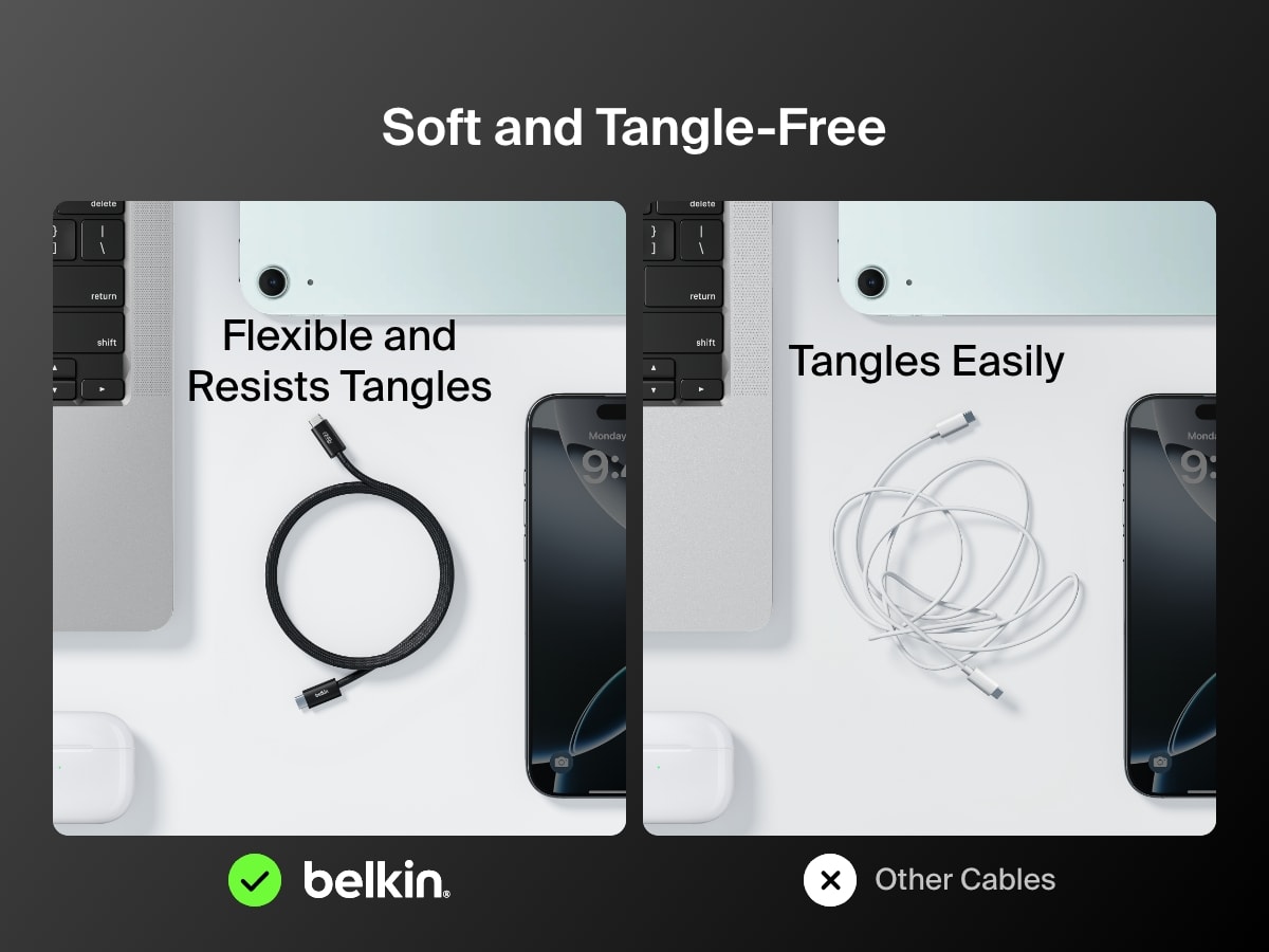 Belkin BoostCharge USB-Cケーブル（Lightningコネクタ付き）がフレキシブルで絡まりにくく、絡まりやすい標準ケーブルよりも優れていることを示した比較画像。