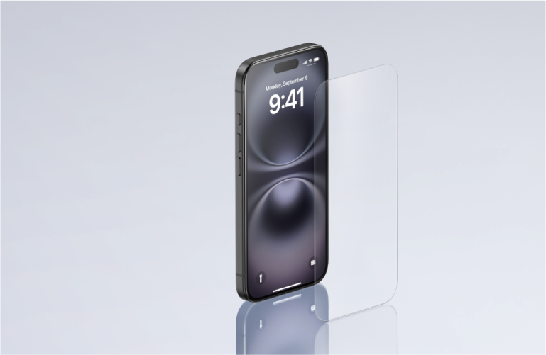 iPhone con proteggi schermo allineato per l'installazione: proteggi schermo premium in vetro temprato Belkin per iPhone, che offre la massima chiarezza da bordo a bordo e resistenza avanzata ai graffi.