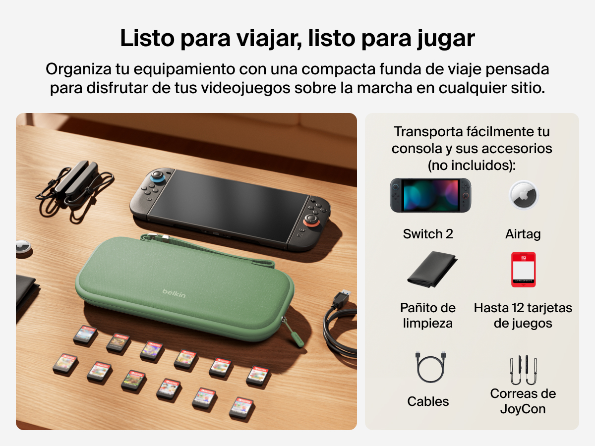 Belkin Gaming Travel Case for Nintendo Switch 2 displayed on a table with compatible accessories including game cards, cables, JoyCon rails, AirTag, and cleaning cloth (all sold separately).
