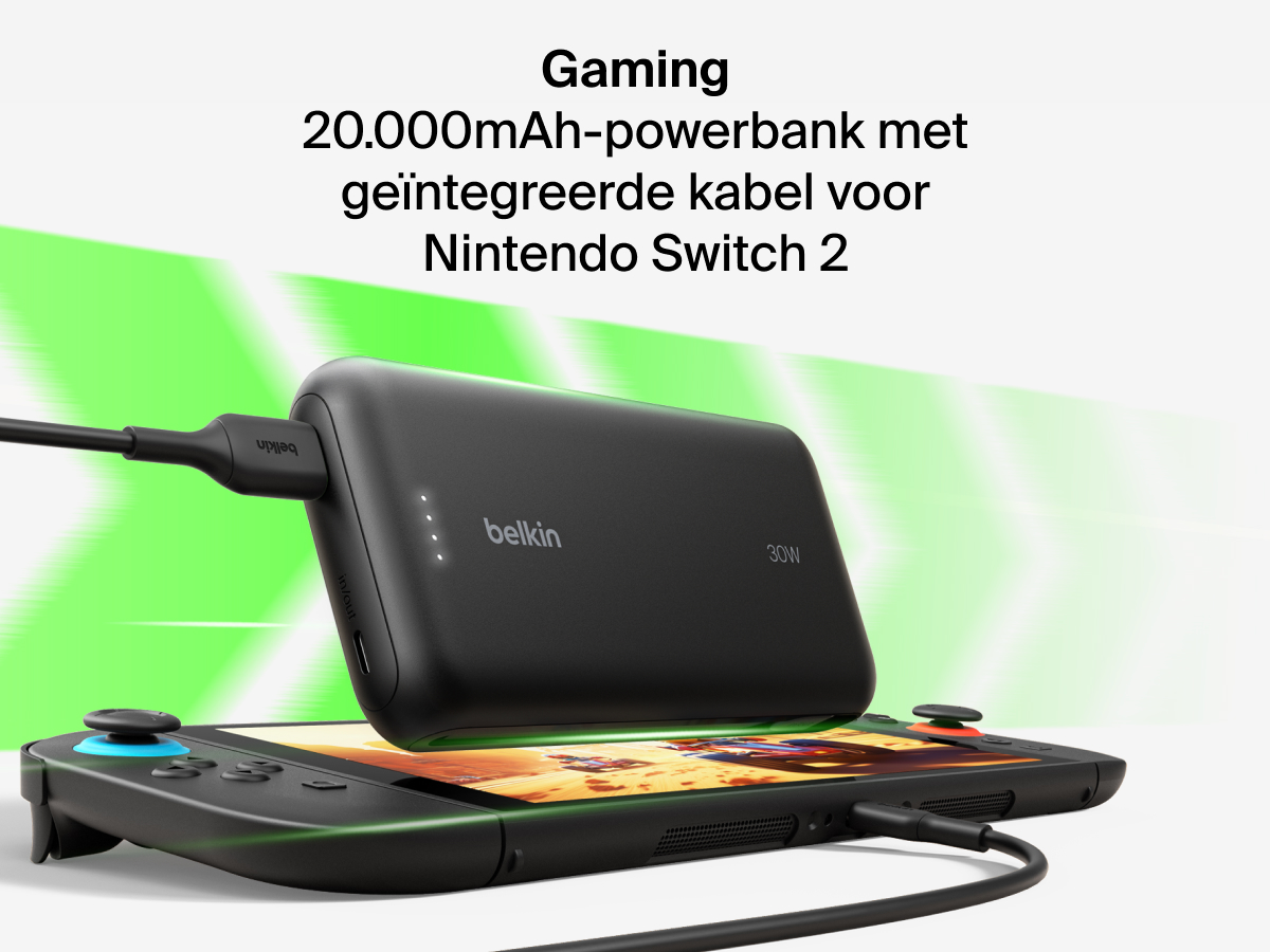 De Belkin Gaming 20.000mAh-powerbank met ge&iuml;ntegreerde USB-kabel levert 30&nbsp;W om de Nintendo Switch 2 snel op te laden en onderweg langer te kunnen gamen.