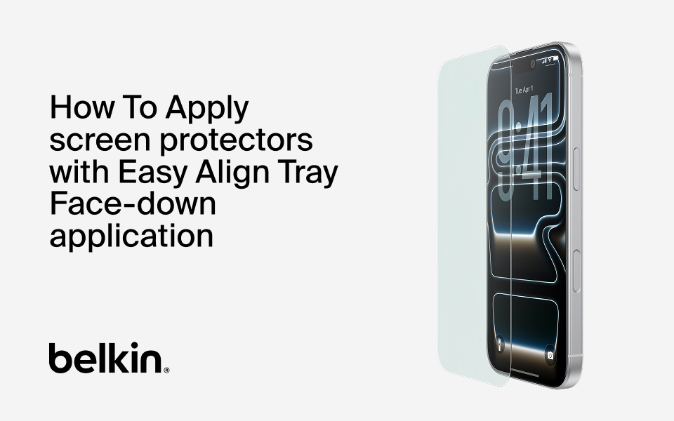 Belkin instructional graphic showing how to apply a screen protector using the Easy Align Tray with face-down application. The image includes a smartphone with a screen protector being aligned above it, alongside the text: 'How To Apply screen protectors with Easy Align Tray Face-down application.' Belkin logo appears at the bottom.