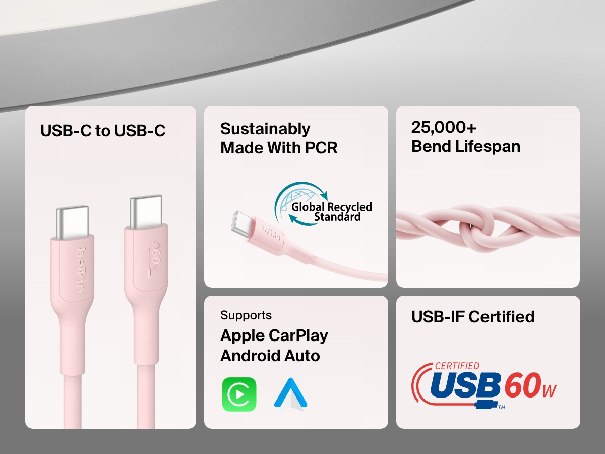 Infographic showcasing the Belkin BoostCharge Pro USB-C to USB-C Braided Cable 60W, featuring 300,000+ bend lifespan, sustainable PCR materials, USB-IF certification, and compatibility with Apple CarPlay and Android Auto.
