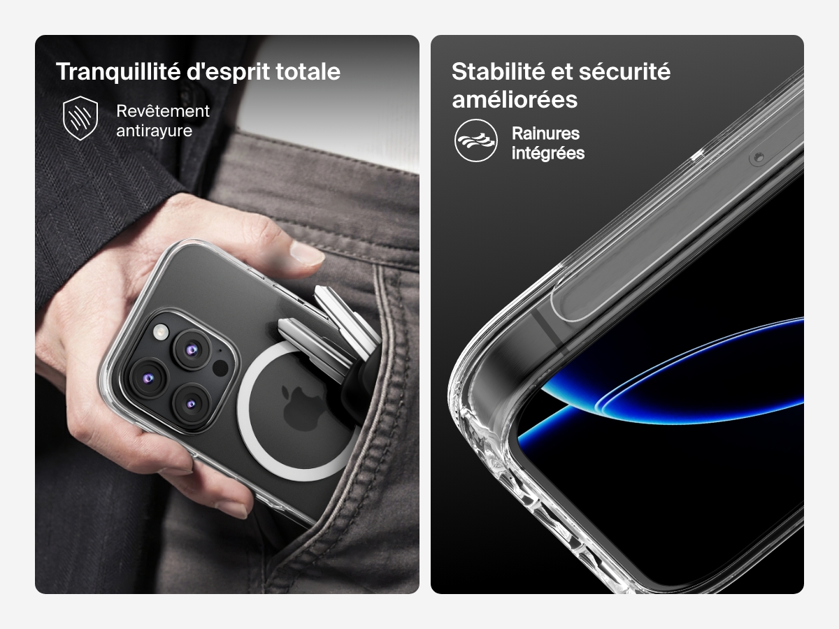 A dual-image showcase of the SheerForce&trade; Magnetic iPhone Case's key protective features. The left image highlights the anti-scratch coating, showing the case protecting an iPhone from keys in a pocket. The right image focuses on the enhanced stability and grip, featuring special textured grooves that improve handling and reduce the risk of slipping.