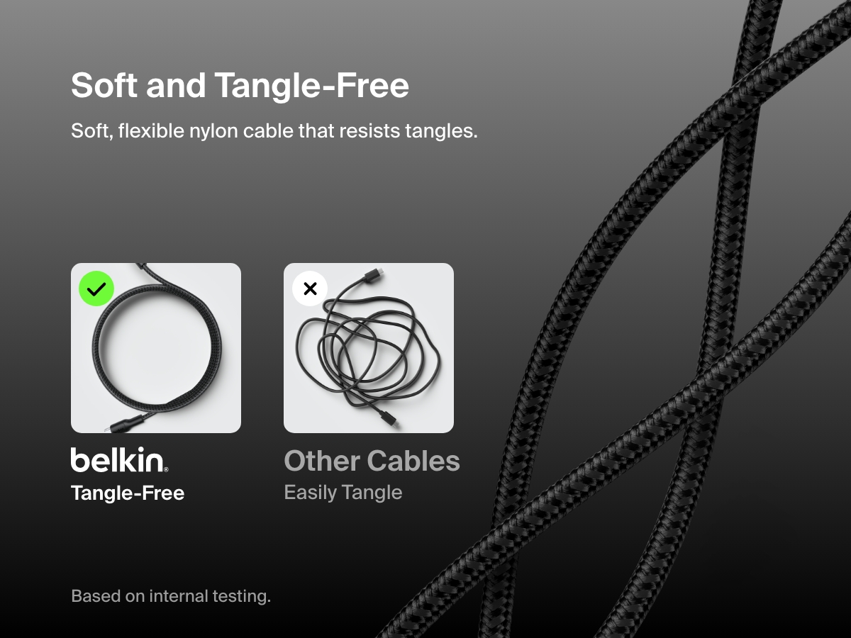 Visual comparison showing the Belkin BoostCharge Braided USB-A Cable with Lightning Connector as a soft, flexible, tangle-free nylon cable versus standard easily tangled cables.