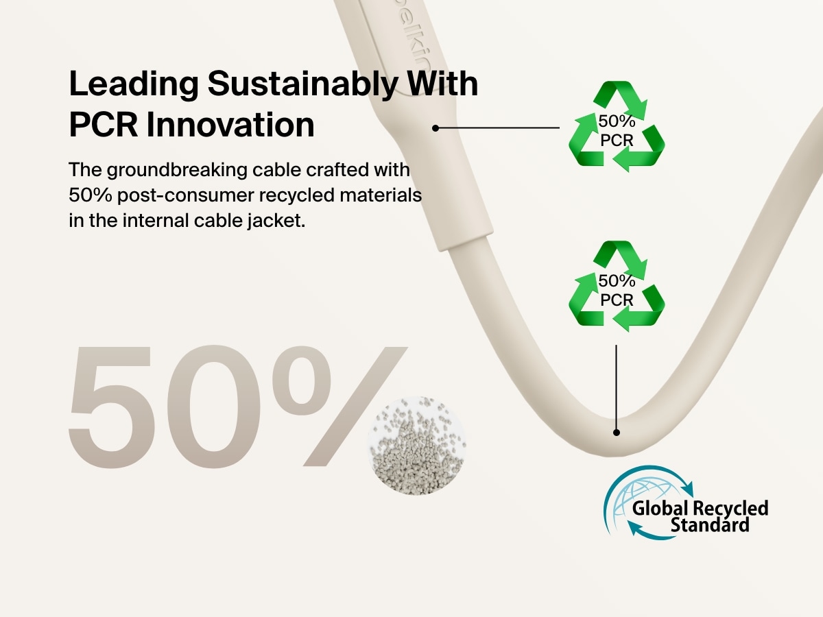 Belkin BoostCharge USB-C Cable with Lightning Connector features a sustainable design made with 50% post-consumer recycled materials, certified by the Global Recycled Standard.