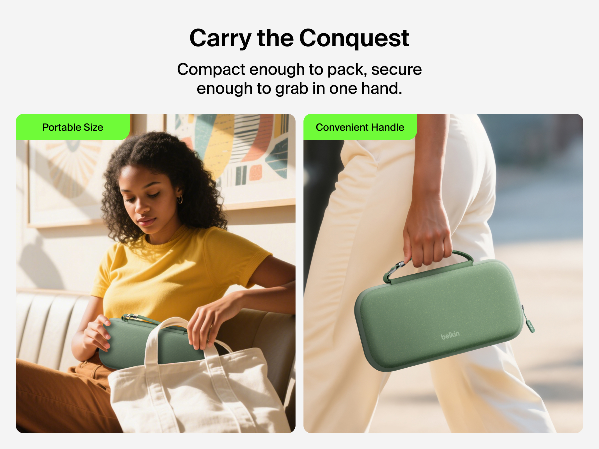 Belkin Gaming Travel Case for Nintendo Switch 2 shown being packed into a tote and carried by its handle, highlighting its portable size and easy-grip convenience for travel.