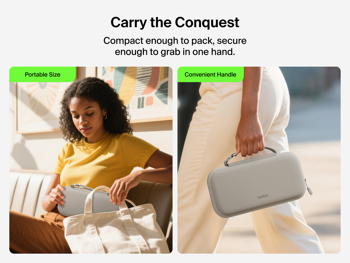 Belkin Gaming Travel Case for Nintendo Switch 2 shown being packed into a tote and carried by its handle, highlighting its portable size and easy-grip convenience for travel.