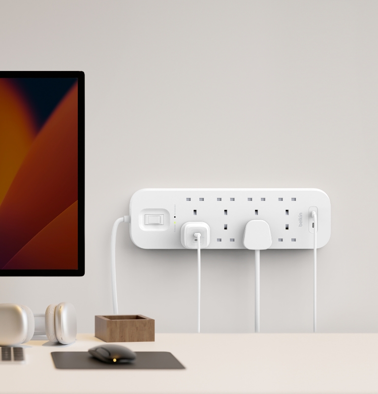 Belkin 8-Outlet Surge Protector with 2 USB-C Ports features built-in wall mounts and a 2M cable.